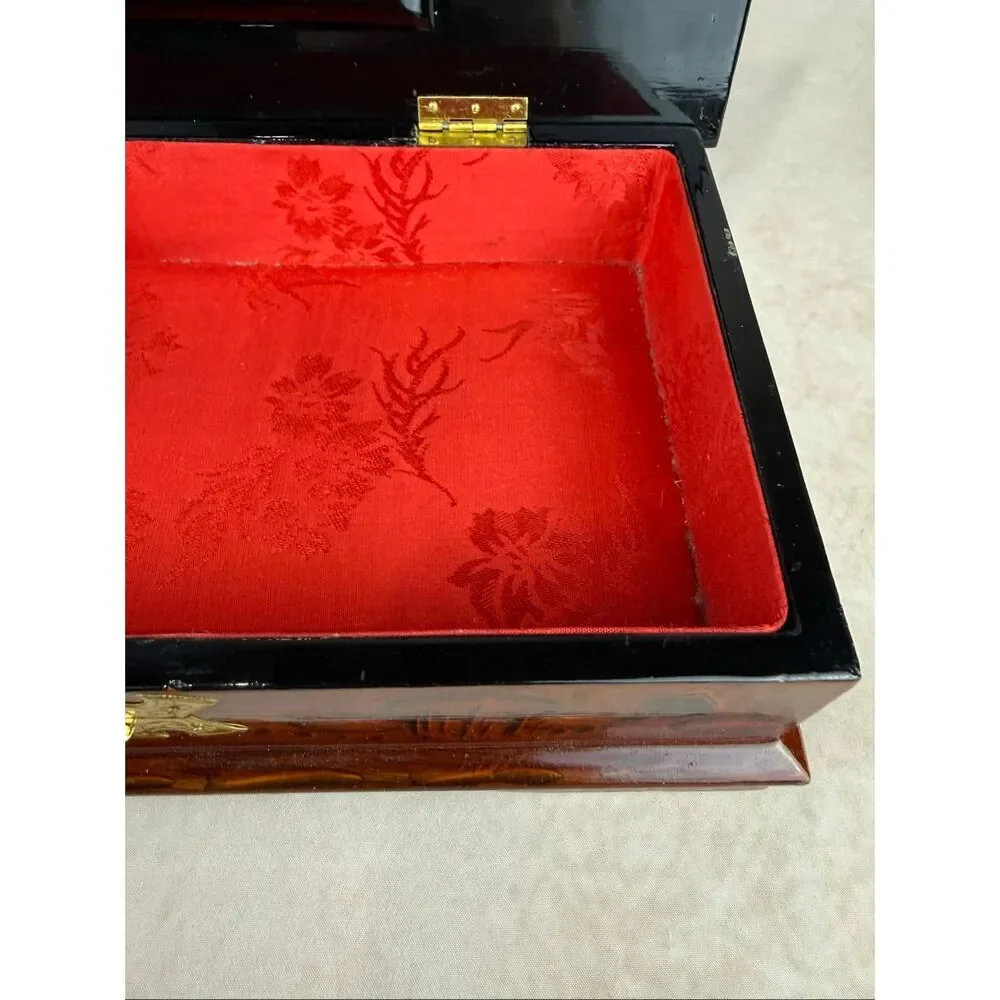 Vintage Chinese Lacquered Wood Vanity Jewelry Box w/ Mirror READ